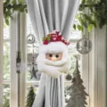 Festive Santa Claus curtain tieback detail, plush Christmas decoration for windows. - Santa Claus