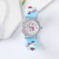 Children quartz watch with cute blue silicone strap and 3D cartoon unicorn design dial. - Lake Blue