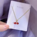 Gold red cherry pendant necklace, elegant titanium steel minimalist clavicle chain style. - Cherry Pendant Clavicle Chain (X098) / Gold