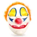 Detailed shot of a clown mask featuring vibrant orange hair, colorful eye makeup, and red smile. - Clown Mask with Yellow Hair
