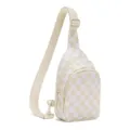 Detail view of the beige checkered crossbody sling bag, featuring zipper and adjustable strap. - Off White