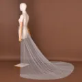 Detailed view of the elegant bridal pearl decorated tulle detachable long train skirt item. - Length 200cm Width 250cm / Bottoms / White (V312)