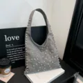 Grey studded shoulder bag for women, stylish hobo purse with metal rivets, casual daily underarm bag. - Gray