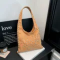 Khaki suede hobo shoulder bag with metal studs, trendy underarm casual bag for women. - Brown