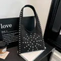 Black studded hobo shoulder bag PU leather rivet underarm purse for women winter fashion - Black