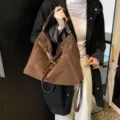 Brown Suede Convertible Shoulder Bag Large Capacity Backpack Commuter Tote Bag Style Variant - Brown