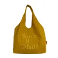 Mustard yellow casual canvas shoulder bag with stylish embroidery lettering for daily commute shopping. - Yellow