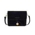 Black small crossbody bag with white stitching and gold hardware, stylish retro bag. - Black