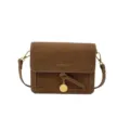 Brown vintage PU leather crossbody bag with chic metal ring pendant and flap closure style. - Tan