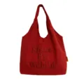 Casual red canvas tote bag with stylish letter embroidery, lightweight daily shoulder bag. - Red