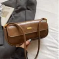 Brown leather baguette shoulder bag for women, chic vintage underarm bag for winter style. - Khaki Without Pendant