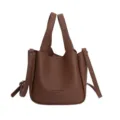 Brown leather bucket bag, stylish minimalist top handle handbag with adjustable shoulder strap. - No Pendant / Coffee