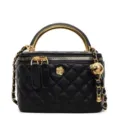 Black Quilted Vanity Bag with Gold Chain Handle & Camellia Flower Accent Style SKU - Black