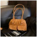Vintage brown large capacity shoulder bag retro casual underarm handbag with double front pockets - Brown No Pendant