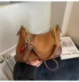 Retro brown suede PU shoulder bag with chain strap and cute cherry charm for daily commuting. - With Charm / Brown