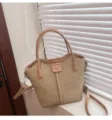 Woven bucket shoulder bag stylish casual tote handbag for women fashion daily cross body bag - Khaki