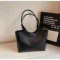 Minimalist black tote shoulder bag for women, vintage PU leather underarm handbag. - Black without Pendant
