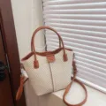 Casual woven handbag shoulder bag for women, stylish contrast design with top handles. - Off White