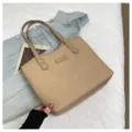 Women PU straw woven tote bag, large capacity casual commuting single shoulder handbag. - No Pendant / Khaki