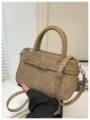Khaki Suede PU Leather Shoulder Bag Casual Commuter Handbag with Metal Buckle Strap - Khaki