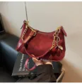 Vintage Burgundy Suede PU Shoulder Bag Chic Underarm Handbag with Gold Chain and Cherry Charm - With Charm / Burgundy