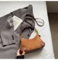 Retro suede PU shoulder bag, casual brown crossbody hobo bag with chain strap for women. - No Pendant / Brown