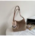 Retro brown plush shoulder bag for women, cute teddy bear pendant, casual fluffy handbag. - Khaki With Pendant