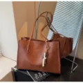 Brown PU leather tote bag, retro large capacity shoulder bag for daily commuting and work. - With Charm / Brown