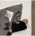 Vintage suede Kelly shoulder bag for women, chic retro top handle crossbody handbag with bear. - Black With Bear Pendant
