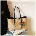 Large capacity suede diamond lattice tote bag for women retro commuter shoulder bag style - Khaki With Pendant