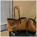 Brown suede quilted tote bag, vintage large capacity shoulder handbag with bear charm. - Brown with Pendant