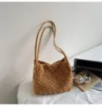 Brown plush shoulder bag for women, cozy teddy tote bag with leather strap, stylish fashion. - Yellow Without Pendant
