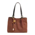 Brown suede tote bag with hollow flower pattern and chic wooden bead tassel for women. - With Pendant / Brown