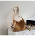 Women vintage Maillard plush shoulder bag cute fuzzy handbag with bear pendant autumn winter - Yellow + Pendant