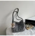 Black tweed shoulder bag with plush bear charm, stylish retro fuzzy handbag for women variant. - Black With Pendant