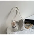 Fluffy plush shoulder bag for women, cute white tote bag with bear pendant accessory. - White + Pendant