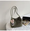 Retro plush shoulder bag for women, cute fluffy handbag with cute bear pendant and top handles. - Green With Pendant