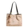 Koreanischer Wildleder Shopper mit Blumen Lochmuster, lässige Damen Schultertasche. - Mit Anhänger / Beige