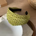 Cerchietto largo plissettato verde chiaro con pois neri, accessorio per capelli in tessuto vintage. - Giallo Verde Nero a Pois