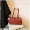 Vintage Burgundy PU Leather Shoulder Bowling Bag Retro Pillow Bag Daily Commuter Handbag - No Pendant / Burgundy