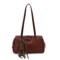 Retro dark red PU leather bowling shoulder bag with chic charms for women commuting daily. - With Pendant / Burgundy
