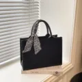 Black suede PU leather tote handbag with chic silk scarf, large capacity fashion shoulder bag. - S / Black