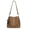 Brown PU leather shoulder bag with rabbit pendant, large capacity autumn winter bucket bag. - With Pendant / Khaki