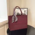 Burgundy suede tote bag with stylish scarf and embroidered text for women fashion. - S / Red