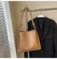 Brown leather shoulder bag, trendy commuter bucket bag with stylish knotted straps. - No Pendant / Khaki