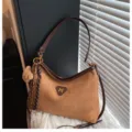 Brown suede shoulder bag for women, stylish underarm tote bag with cute bear pendant charm. - Brown with Pendant