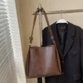 Brown PU leather shoulder bag for women, stylish knotted strap casual tote bucket bag. - No Pendant / Coffee (Tiger Eye Texture)