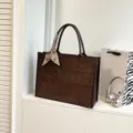 Brown suede tote bag with fashion silk scarf, large capacity retro handbag for women - L / Coffee