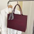 Chic burgundy suede tote bag with stylish silk scarf and embroidered letters for women daily use. - L / Red