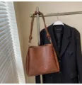Brown PU leather shoulder bucket bag with knot handle, large capacity autumn commute handbag. - No Pendant / Brown